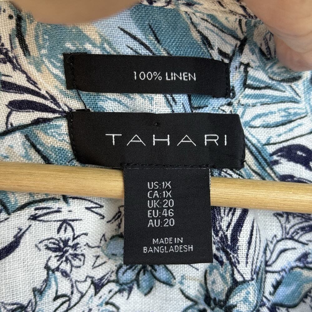 Tahari Linen Floral Blue Bird Tropical Print Button Front Tunic Cruise Vacation - Picture 6 of 7